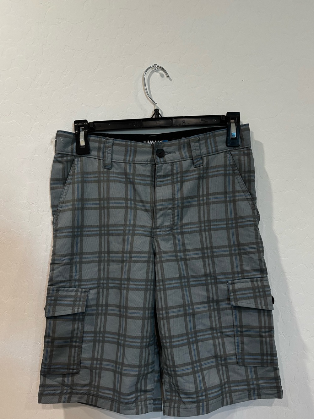 Tony Hawk Gray Plaid Skate Shorts with Blue Accents